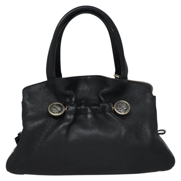 BVLGARI Hand Bag Leather Black Auth
